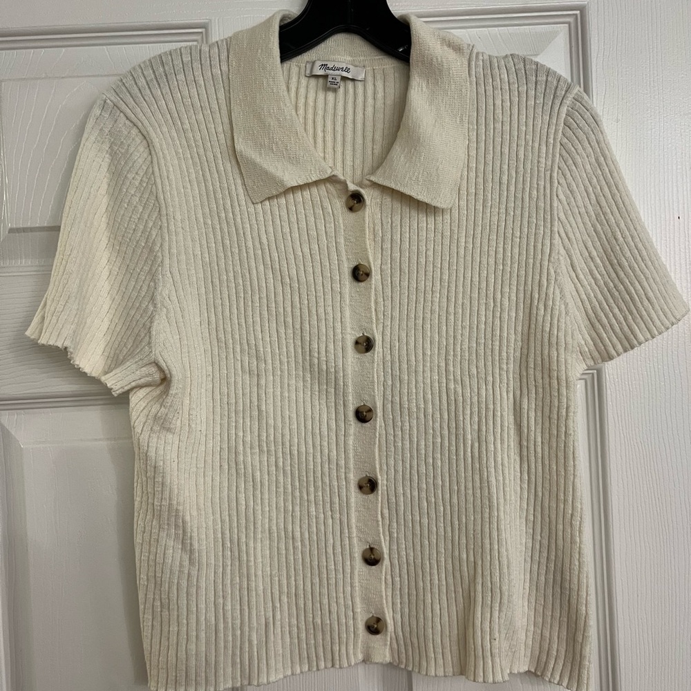 Madewell Cream Ribbed Knit Polo Sweater